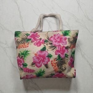 Floral Canvas Tote Bag - Pink and Green